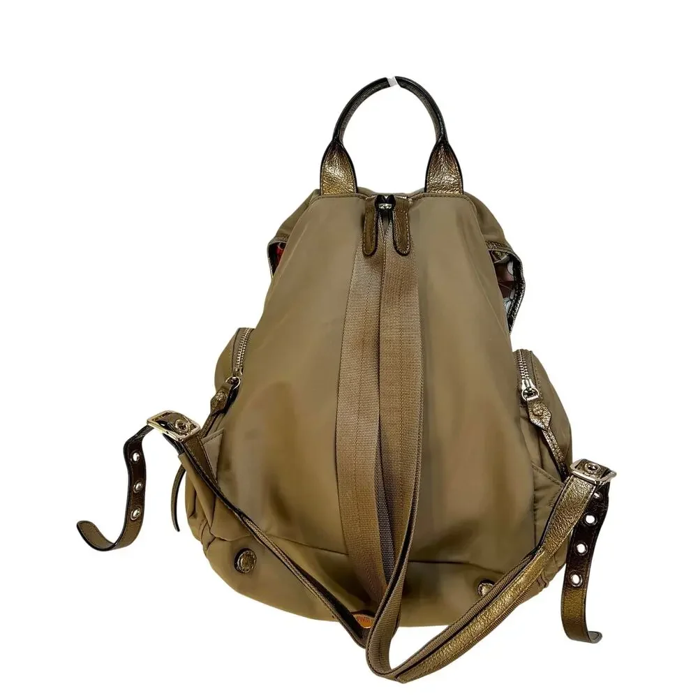 MZ Wallace Marlena Bedford Nylon Drawstring Backpack Tan Metallic Leather Trim